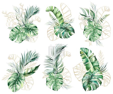 Photo for Bouquets made with green and golden watercolor tropical banana, palm and monstera leaves, isolated illustration. Element for Exotic wedding stationery , greeting cards and crafting - Royalty Free Image
