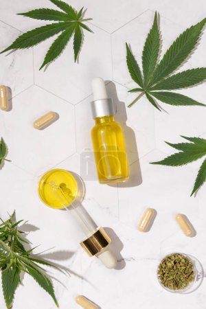 Photo for Dropper bottle, pipette and capsules near green cannabis leaves top view, hard shadows. Organic skincare beauty product. Eco friendly CBD oil. Alternative healthcar - Royalty Free Image