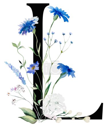 Foto de Letra L negra con acuarela acianos azules y flores silvestres ramo de hojas verdes qith ilustración aislada. Elemento del alfabeto para la papelería y el saludo de boda - Imagen libre de derechos