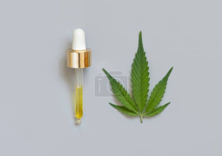 Pipette with CBD oil near green cannabis leaves top view on grey. Organic healthcare product. Eco friendly CBD oil to relax and sleep. Alternative medicine concep