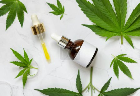 Photo for Dropper bottle with blank label and pipette near green cannabis sativa leaves on a marble table top view. Cosmetic Mockup, Copy space. Organic skincare beauty product. Eco friendly CBD oi - Royalty Free Image