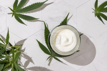 Téléchargez les photos : Pot de crème ouvert près des feuilles de cannabis vert sur table en marbre blanc vue sur le dessus, ombres dures. Produits de beauté bio pour la peau, cosmétiques naturels alernatifs, routin beauté femme - en image libre de droit