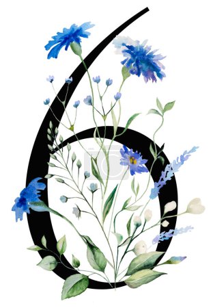 Foto de Negro número 6 con acuarela azul aciano y flores silvestres ramo aislado. Verano floral número seis, Elemento del alfabeto para el diseño de bodas y saludos, números de tabla - Imagen libre de derechos