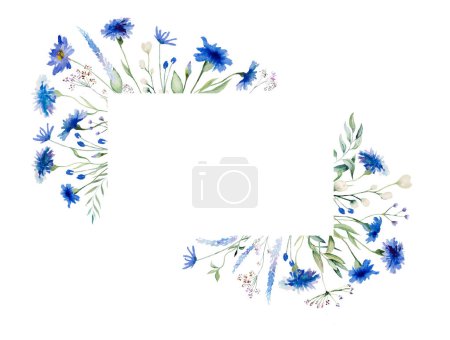 Téléchargez les photos : Aquarelle Bleu bleuet et fleurs sauvages cadre rectangulaire, illustration isolée, espace de copie. Élément floral pour la papeterie de mariage d'été et cartes de voeux - en image libre de droit