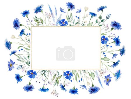 Téléchargez les photos : Aquarelle Bleu bleuet ancien cadre rectangulaire, illustration isolée. Éléments floraux de fleurs sauvages pour papeterie de mariage d'été et cartes de voeux - en image libre de droit