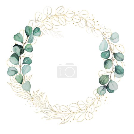 Photo for Round  frame with green and golden watercolor eucalyptus leaves and twigs, isolated illustration, copy space. Botanical element for romantic wedding stationery, greetings cards - Royalty Free Image