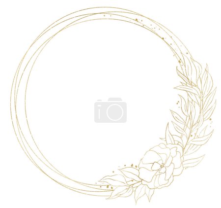 Photo for Round frame with golden leaves and flowers bouquet, isolated illustration. Botanical element for romantic wedding stationery, greetings cards - Royalty Free Image