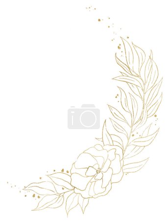 Téléchargez les photos : Bouquet composé de feuilles dorées et de fleurs, illustration isolée. Élément romantique pour la papeterie de mariage, cartes de voeux - en image libre de droit
