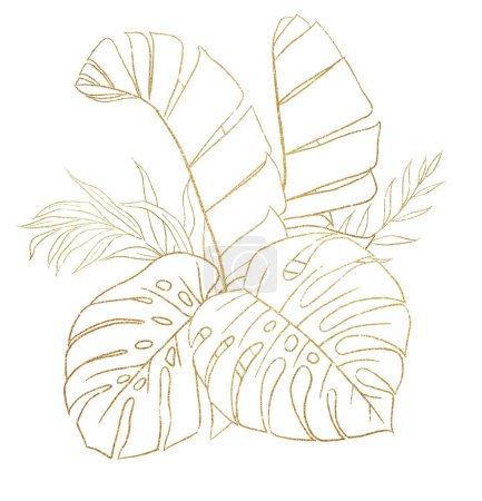 Téléchargez les photos : Bouquet composé de palmier tropical doré et de feuilles de monstère, illustration isolée. Élément botanique pour papeterie de mariage romantique, cartes de voeux - en image libre de droit
