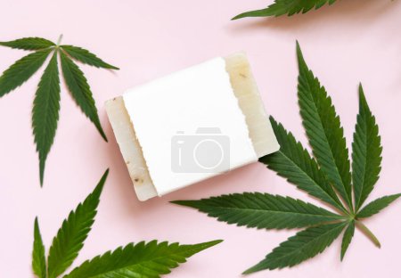 Photo for Craft soap bar with blank label near green cannabis sativa leaves on pink table top view. Cosmetic Mockup, Copy space. Organic skincare beauty product. Eco friendly CBD soa - Royalty Free Image
