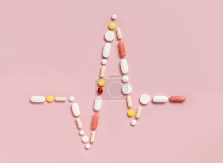 Photo for Heart rhythm cardiogram line made of colorful drug pills and capsules on light pink, top view. Pharmaceutical and cardiology concept, treatment of heart diseases. - Royalty Free Image