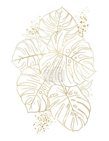Téléchargez les photos : Bouquet composé de feuilles de monstère tropicale dorée, contours scintillants, illustration isolée. Élément botanique pour papeterie de mariage romantique, cartes de voeux - en image libre de droit