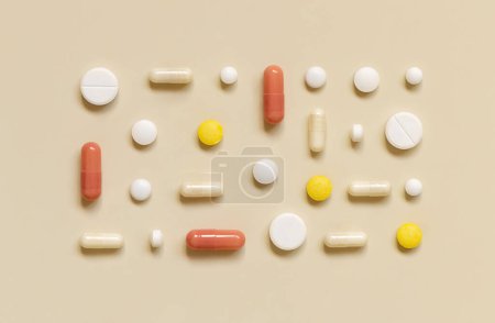 Téléchargez les photos : Mélange de capsules médicales et de pilules dans une ligne sur la vue de dessus beige clair. Médecine préventive et curative et soins de santé, compléments alimentaires et vitamines. Produits pharmaceutiques assortis - en image libre de droit