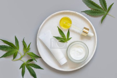 Téléchargez les photos : Tube cosmétique vierge, pot et pipette près de feuilles de cannabis sativa vertes sur une table grise. Maquette, Copiez l'espace. CBD Produits de beauté bio pour la peau. - en image libre de droit
