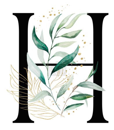 Photo for Black letter H with green and golden watercolor leaves and twigs, isolated illustration. Alphabet Greenery Element for wedding stationery and greeting cards - Royalty Free Image