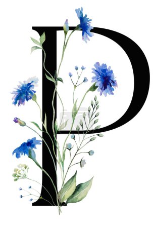 Foto de Letra negra P con acuarela azul aciano y flores silvestres qith hojas verdes ramo aislado ilustración. Elemento del alfabeto para la papelería y el saludo de boda - Imagen libre de derechos