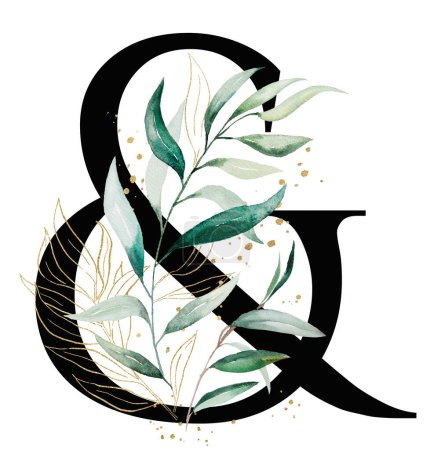 Photo for Black symbol & with green and golden watercolor leaves and twigs, isolated illustration. Greenery Element Ampersand for wedding stationery, table numbers and greeting cards - Royalty Free Image