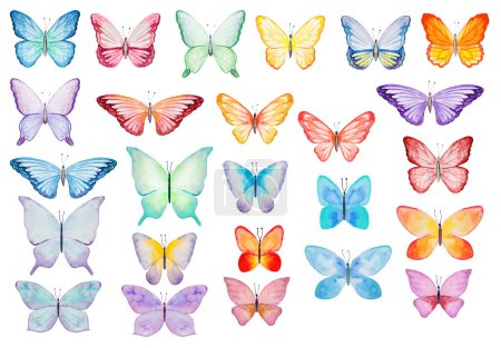 Téléchargez les photos : Butterfles colorés aquarelle, isolé Illustration set pour papeterie d'été. Elément de jardin pour les conceptions de mariage romantique, cartes de voeux et affiches - en image libre de droit