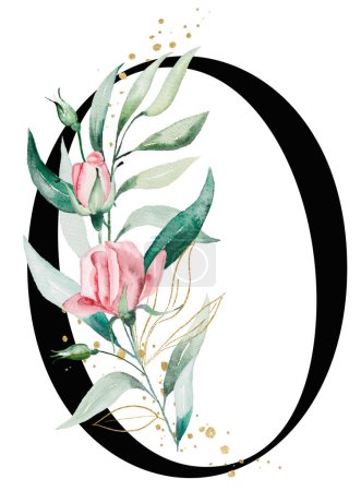 Photo for Black number 0 with pink watercolor flowers and green and golden leaves, isolated illustration. Number zer, Romantic Elements for wedding stationery, table numbers and greeting cards - Royalty Free Image