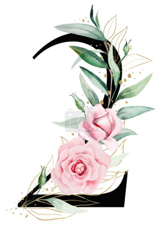 Foto de Negro número 2 con flores de acuarela rosa y hojas verdes y doradas, ilustración aislada. Número dos, Elementos románticos para papelería de boda, números de mesa y tarjetas de felicitación - Imagen libre de derechos