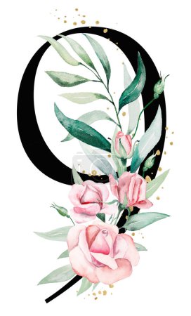 Photo for Black number 9 with pink watercolor flowers and green and golden leaves, isolated illustration. Number nine, Romantic Elements for wedding stationery, table numbers and greeting cards - Royalty Free Image