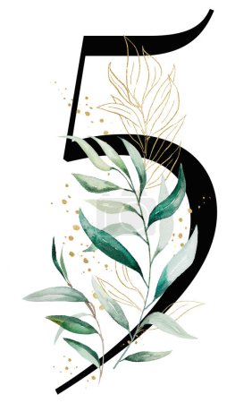 Photo for Black number 5 with green and golden watercolor leaves and twigs, isolated illustration. Number five, Greenery Element for wedding stationery, table numbers and greeting cards - Royalty Free Image