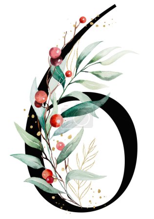 Photo for Black number 6 with colorful watercolor twigs with green leaves and red berries, Christmas isolated Illustration. Number six, Hand painted Element for Winter holiday stationary, greetings, wallpaper, table numbers - Royalty Free Image