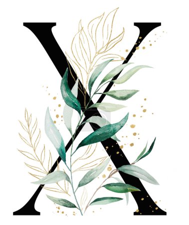 Foto de Letra negra X con hojas de acuarela verde y dorada y ramitas, ilustración aislada. Alphabet Greenery Elemento para papelería de boda y tarjetas de felicitación - Imagen libre de derechos