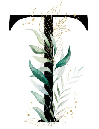 Photo for Black letter T with green and golden watercolor leaves and twigs, isolated illustration. Alphabet Greenery Element for wedding stationery and greeting cards - Royalty Free Image