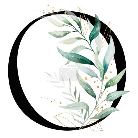 Photo for Black letter KO with green and golden watercolor leaves and twigs, isolated illustration. Alphabet Greenery Element for wedding stationery and greeting cards - Royalty Free Image