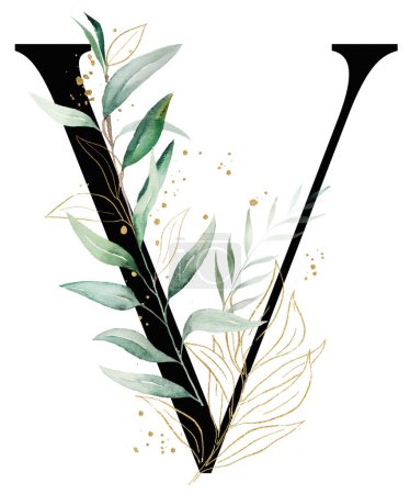 Photo for Black letter V with green and golden watercolor leaves and twigs, isolated illustration. Alphabet Greenery Element for wedding stationery and greeting cards - Royalty Free Image