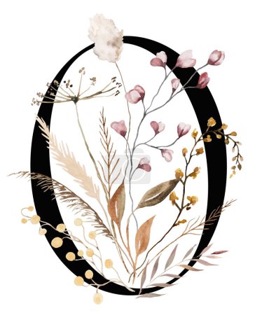 Foto de Negro número 0 con acuarela de otoño flores silvestres y hojas, ilustración aislada. Elemento floral marrón, rojo oscuro y beige para el diseño de papelería y saludo de boda - Imagen libre de derechos