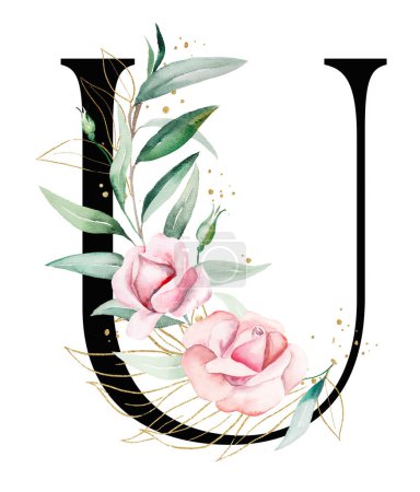 Foto de Letra negra U con flores de acuarela rosa y hojas verdes y doradas, ilustración aislada. Alfabeto romántico Elemento para papelería de boda, números de mesa y tarjetas de felicitación - Imagen libre de derechos