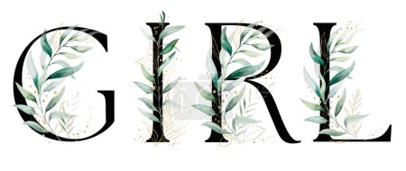 Photo for Word GIRL made with Black letter A with green and golden watercolor leaves and twigs. Baby shower party isolated illustration, element for design and crafting - Royalty Free Image