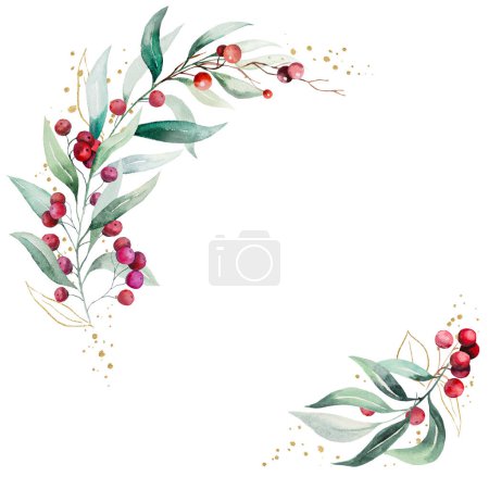Téléchargez les photos : Cadre géométrique de Noël avec des brindilles aquarelle colorées avec des feuilles vertes et des baies rouges., Illustration isolée. Élément peint à la main pour les vacances d'hiver stationnaire, salutations, papier peint, affiches - en image libre de droit