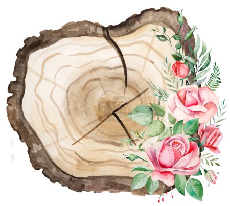 Téléchargez les photos : Tranches rondes en bois aquarelle avec bouquet de roses et feuilles vertes. Élément isolé peint à la main. Illustration de forêt naturelle pour la conception, l'impression, la papeterie, les salutations - en image libre de droit