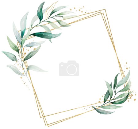 Téléchargez les photos : Geometric golden frame with green watercolor leaves bouquet, isolated illustration, copy space. Botanical element for romantic wedding stationery, greetings cards, printing and crafting - en image libre de droit