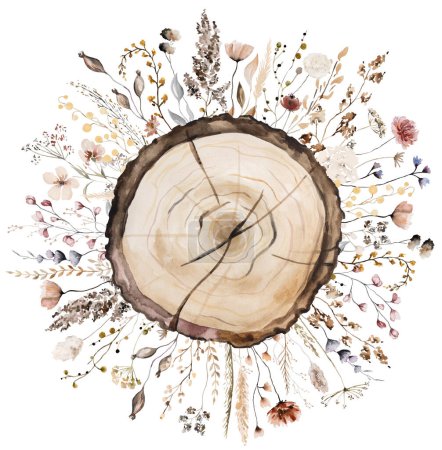 Foto de Acuarela rodajas redondas de madera con flores silvestres de color marrón y beige de otoño alrededor. Elemento aislado pintado a mano. Ilustración forestal natural para diseño, impresión, papelería, saludos - Imagen libre de derechos