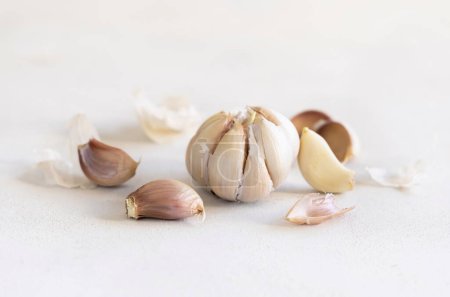 Photo for Fresh whole bulb of garlic, cloves and husk on a white table close up. Dietary supplement with antiviral properties, good for Immune System and Blood Pressure - Royalty Free Image