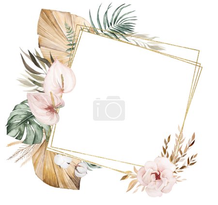Photo for Bohemian square frame with Watercolor beige and teal green tropical leaves and flowers illustration isolated. Boho or ethnic arrangement for wedding stationery, copy space - Royalty Free Image