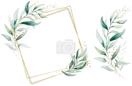 Photo for Geometric golden frame and bouquet made with green watercolor leaves, isolated illustration, copy space. Botanical element for romantic wedding stationery, greetings cards - Royalty Free Image