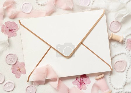 Photo for Envelope near pink decorations, seals and silk ribbons on white table top view,  wedding mockup. Romantic scene with horizontal blank card flat lay. Valentines, Spring or Mothers day concept - Royalty Free Image