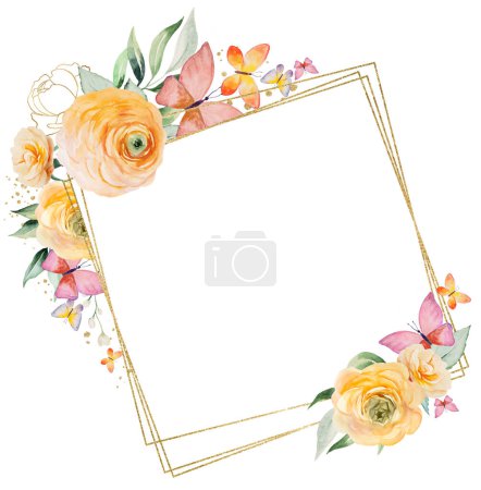 Photo for Square Frame with butterflies on orange watercolor flowers and green leaves illustration isolated. Floral element for romantic wedding or valentines stationery and greetings cards - Royalty Free Image