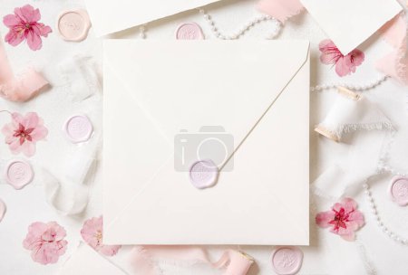 Photo for Blank square sealed envelope near pink decorations, seals and silk ribbons on white table top view,  wedding mockup. Romantic scene for Valentines, Spring or Mothers day stationery and greeting - Royalty Free Image