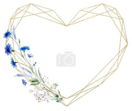 Téléchargez les photos : Cadre en coeur géométrique doré avec aquarelle fleurs sauvages et illustration de bleuets bleus, isolé. Cadre floral de jardin pour la papeterie de mariage de printemps, cartes de voeux de Saint-Valentin - en image libre de droit