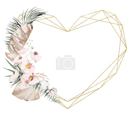 Photo for Golden geometric heart frame with Watercolor beige and teal green tropical leaves and pink flowers, illustration isolated. Boho or ethnic arrangement for wedding or valentines stationery, copy space - Royalty Free Image