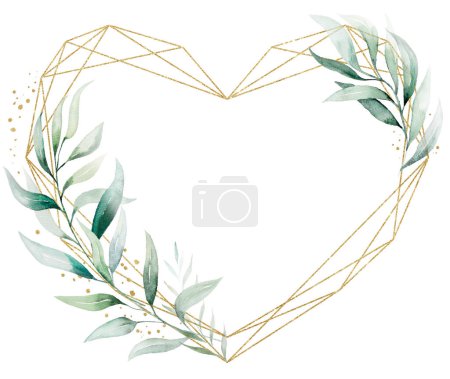 Photo for Geometric golden heart frame with green watercolor leaves bouquet, isolated illustration, copy space. Botanical element for romantic wedding and valentines stationery, greetings cards, printing - Royalty Free Image