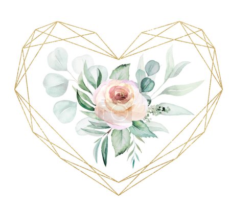 Photo for Golden heart frame with Watercolor light pink flowers and green leaves, romantic illustration. Hand painted Element for Valentines or wedding stationary, greetings cards, invitations - Royalty Free Image