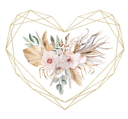 Photo for Golden geometric heart frame with Watercolor beige and teal green tropical leaves and pink flowers, illustration isolated. Boho or ethnic arrangement for wedding or valentines stationery, - Royalty Free Image