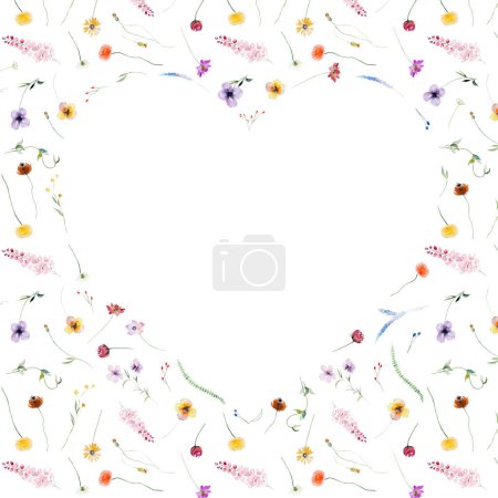 Photo for Heart made with watercolor summer wildflowers, seeds and leaves illustration, isolated. Colorful floral wreath for fall wedding stationery and greetings cards - Royalty Free Image